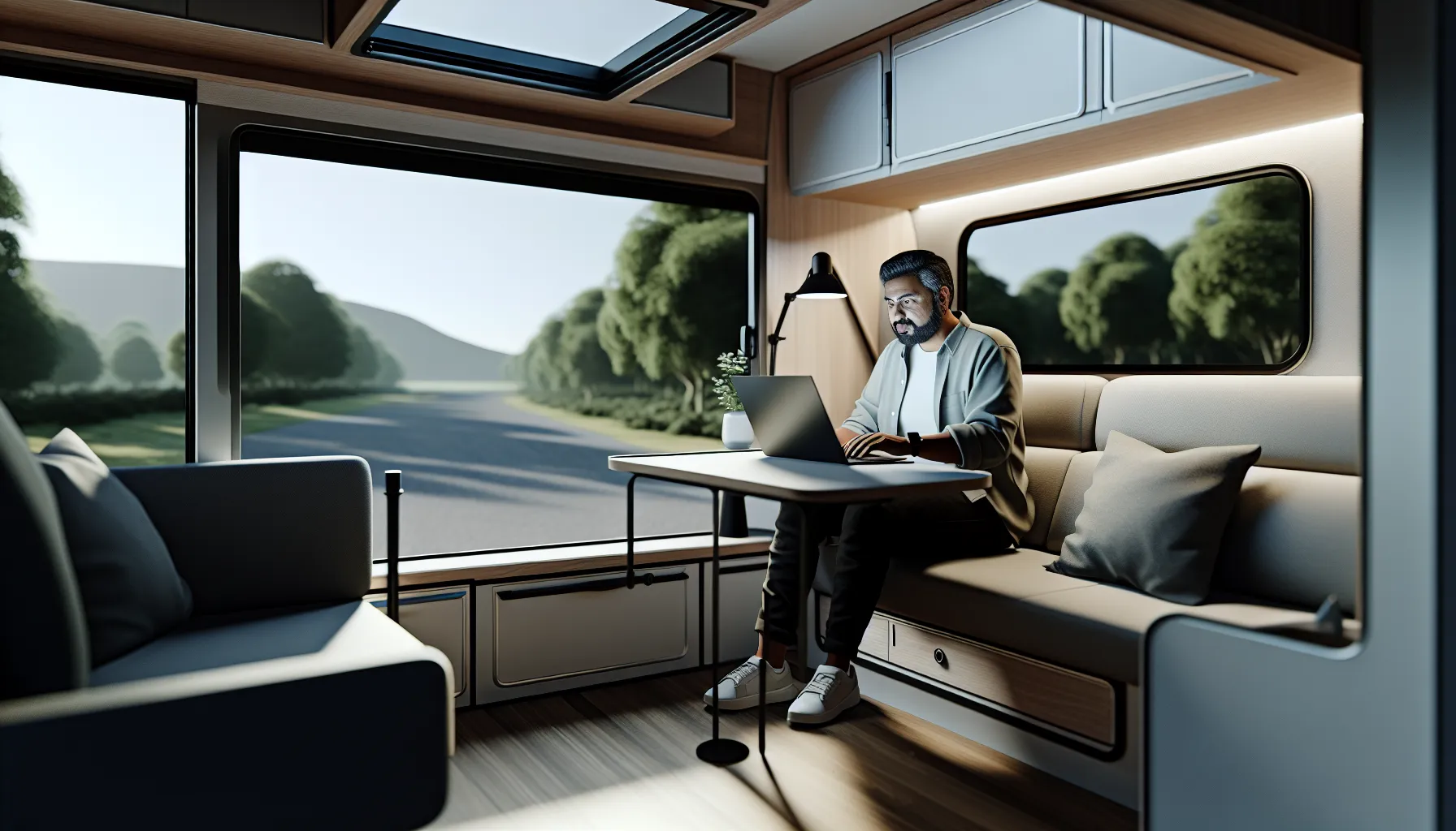 Arbeitszimmer im Wohnmobil absetzen: Steuertipps fĂŒr Freiberufler 2026 2 Freiberufler arbeitet im Wohnmobil