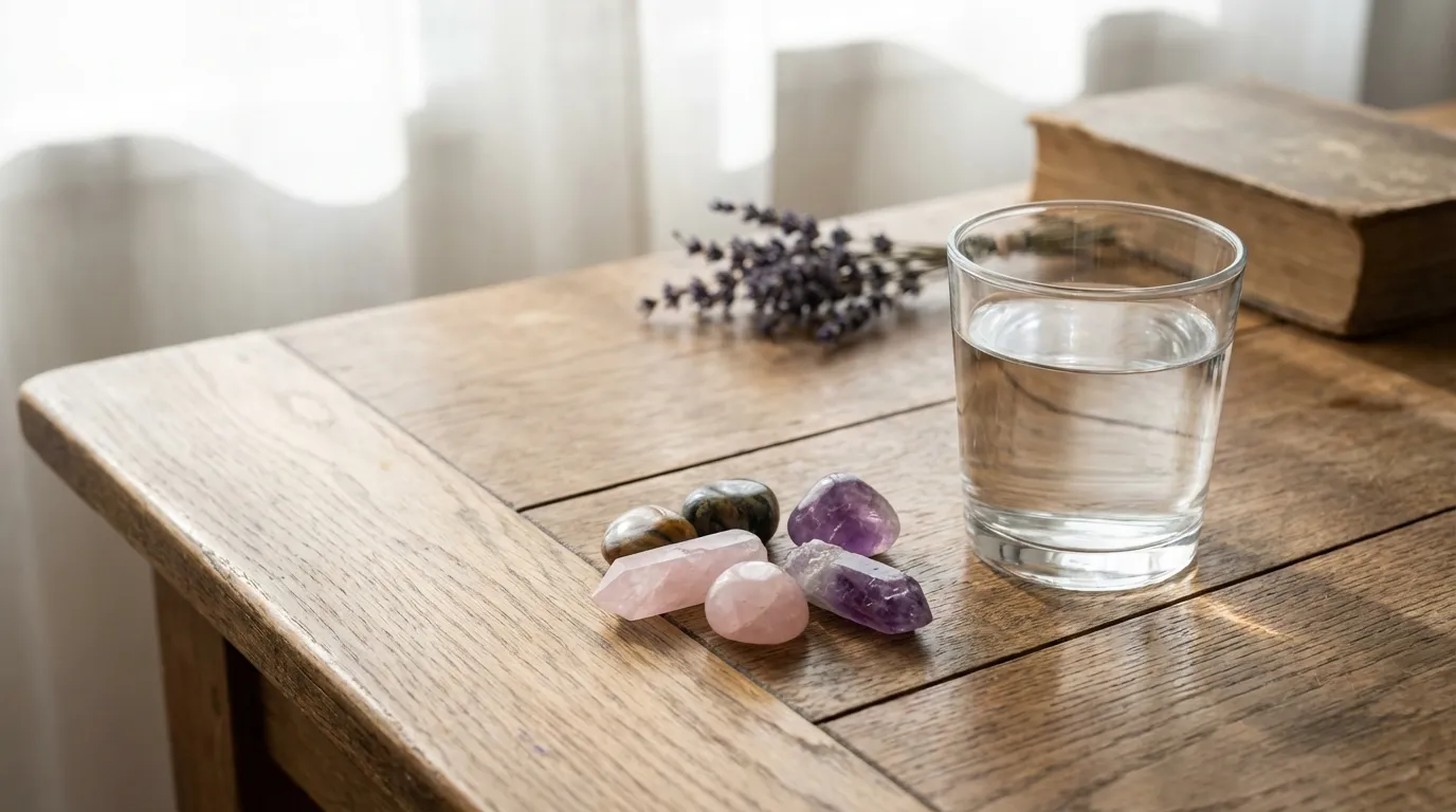 Glas mit Edelsteinwasser und Kristallen