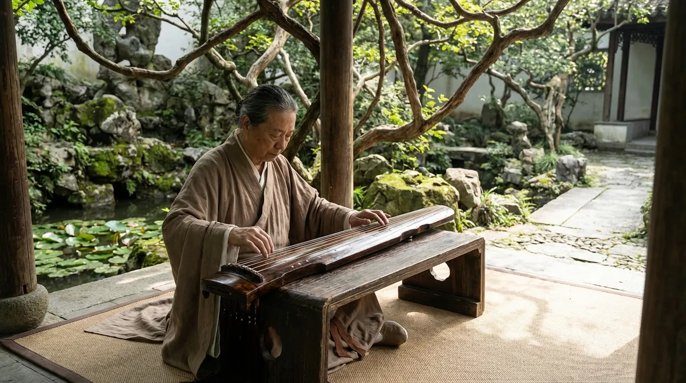 Guqin Spieler in traditioneller Umgebung