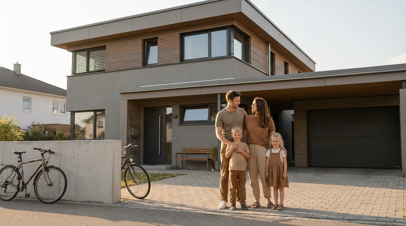 Hauskauf ohne Eigenkapital, junge Familie vor modernem Haus