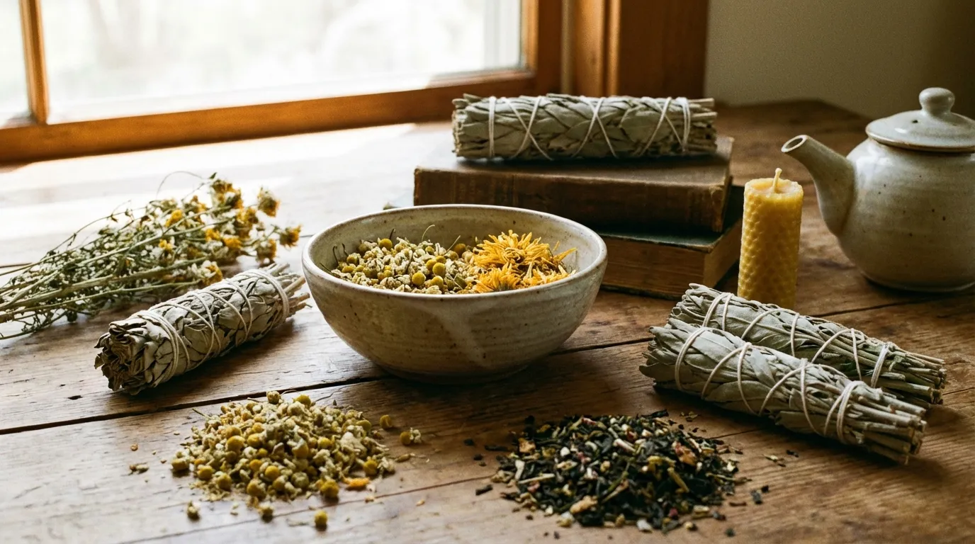 Heilpflanzen und Räucherwerk auf Holztisch