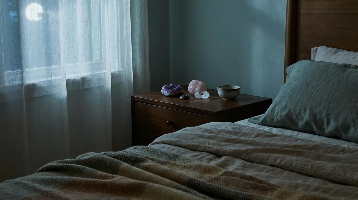 Heilsteine für Schlaf und Traumarbeit: Die 10 wirksamsten Steine für erholsamen Schlaf 1 Heilsteine für Schlaf auf Nachttisch