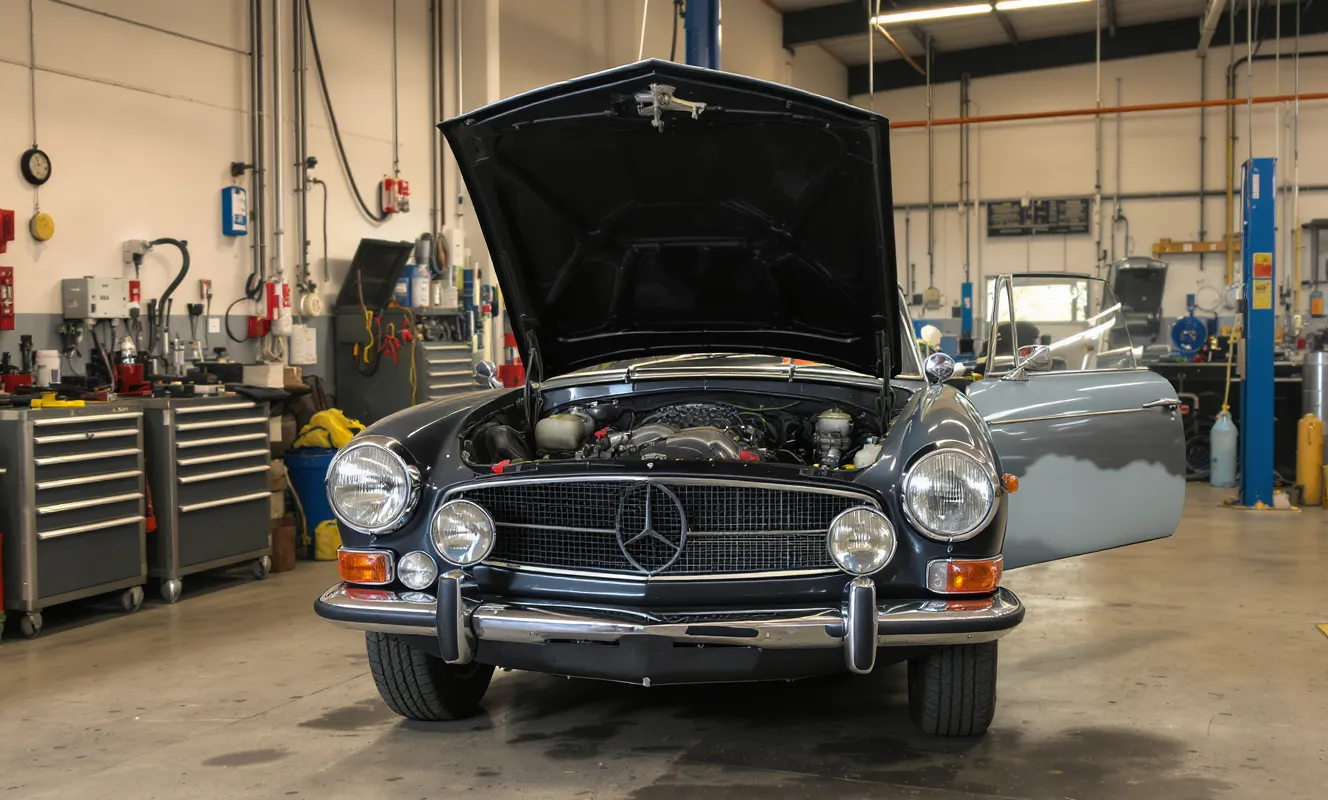 Klassischer Oldtimer in einer Werkstatt mit periodengerechten Tuning-Teilen