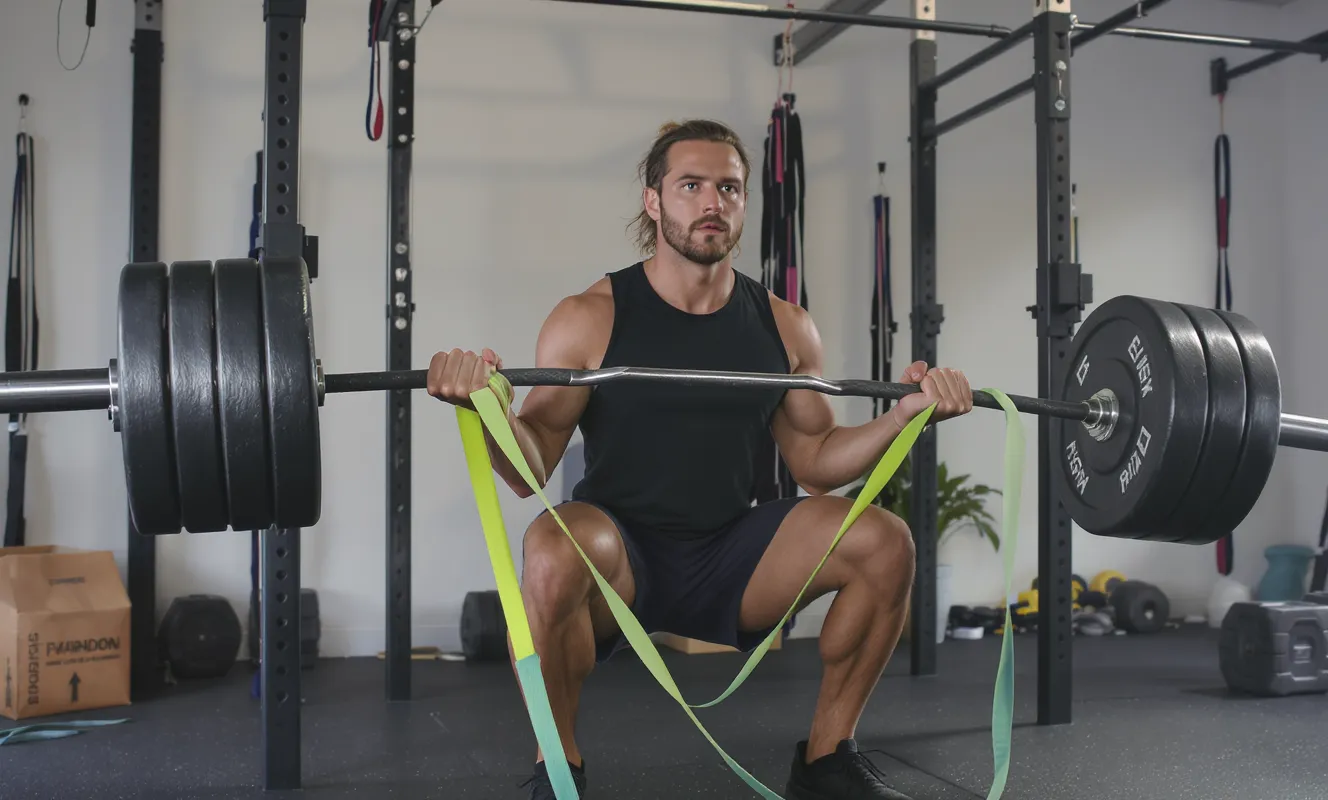 Kombination aus Freihantel und Widerstandsband im Homegym