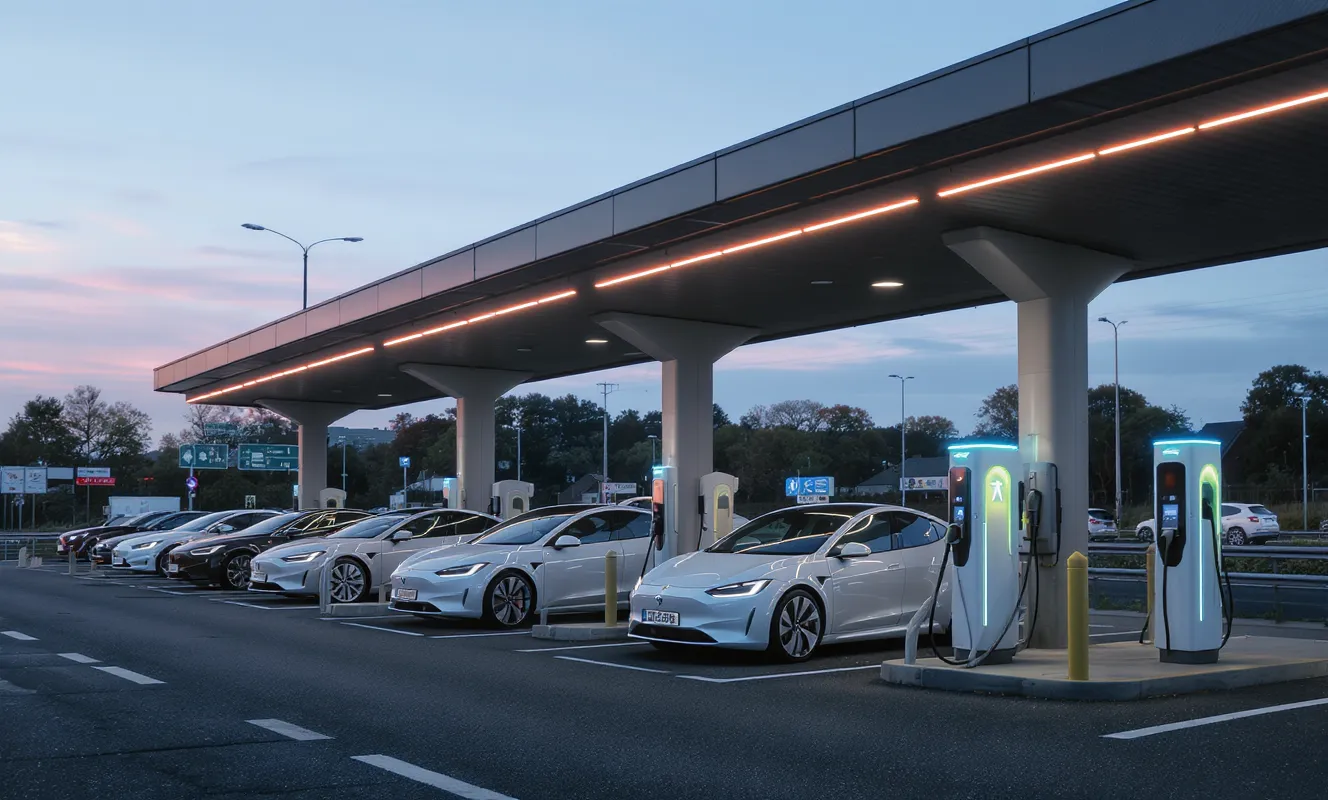 E-Auto 2026: Beste Modelle, Reichweiten und Ladeinfrastruktur 1 Moderne Elektroautos an einer Schnellladestation