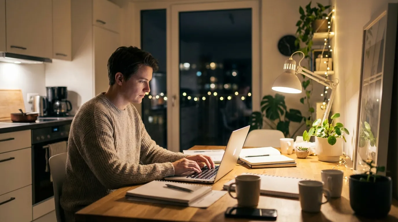 Nebenjob während Kurzarbeit: Was ist erlaubt? 1 Person arbeitet abends am Laptop am Küchentisch