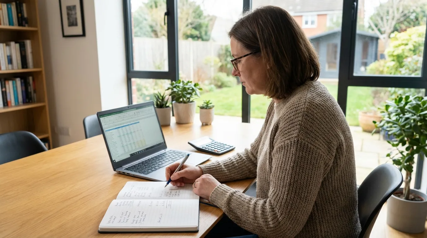 Person prüft Finanzen am Laptop mit Notizbuch