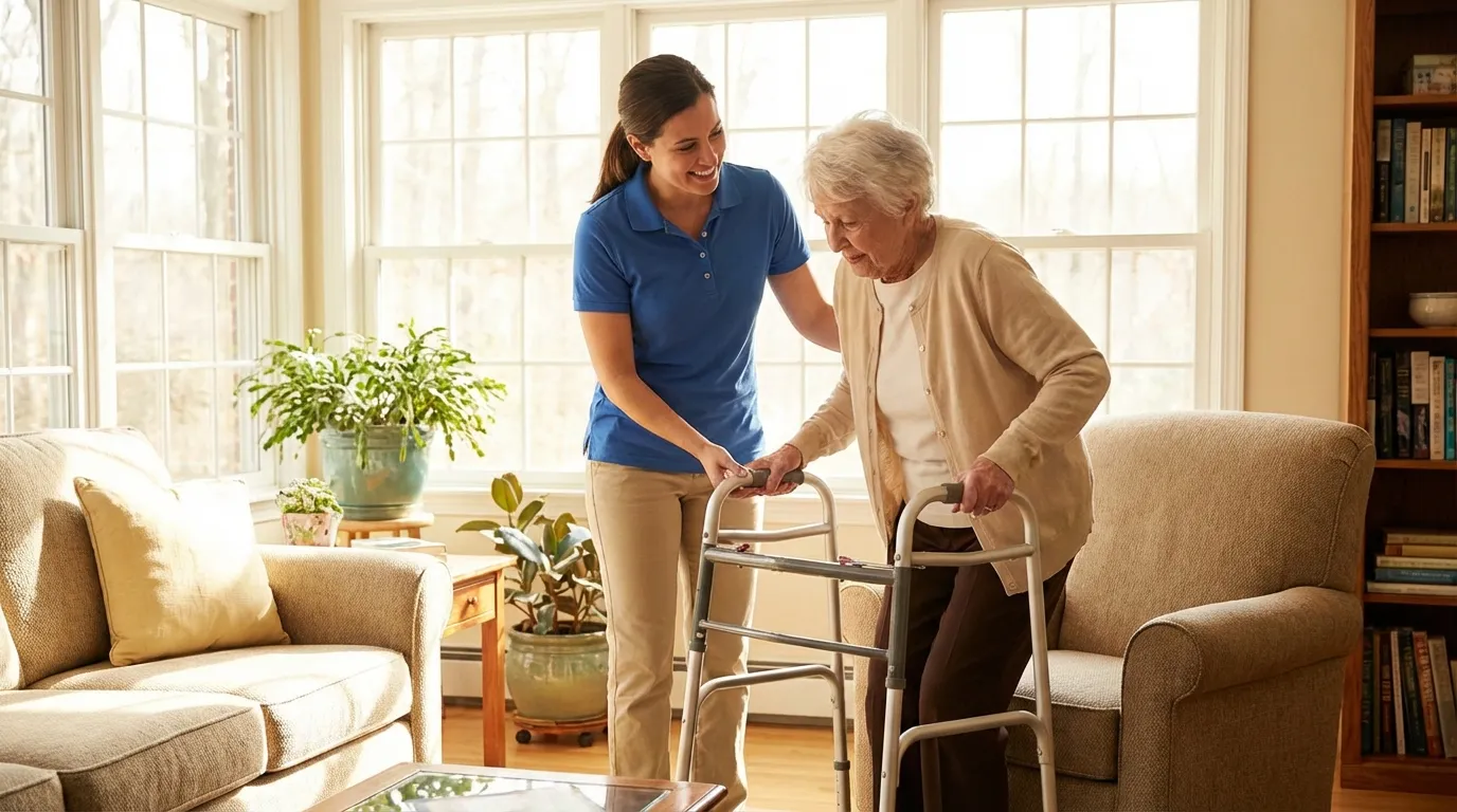 Pflegekraft unterstützt Senior im Wohnzimmer