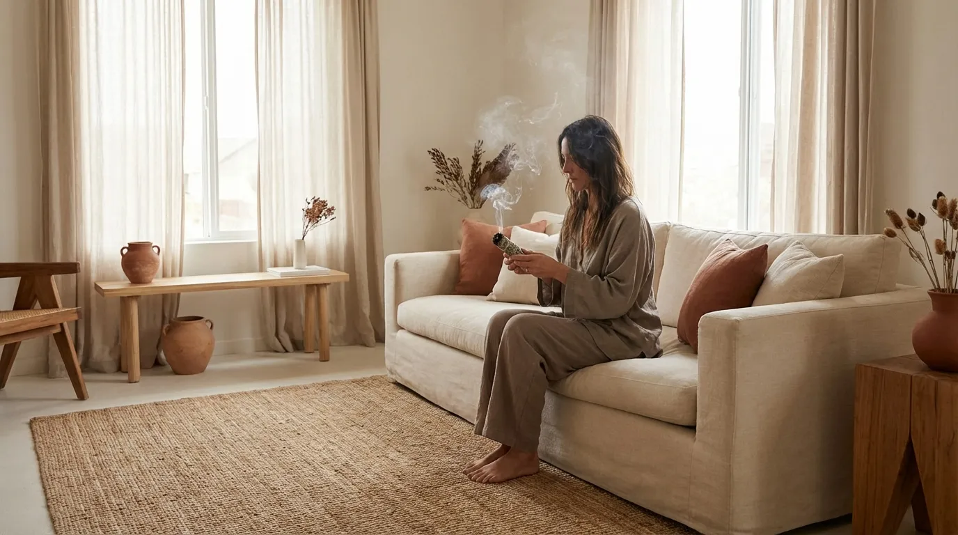Räucherritual im modernen Wohnzimmer