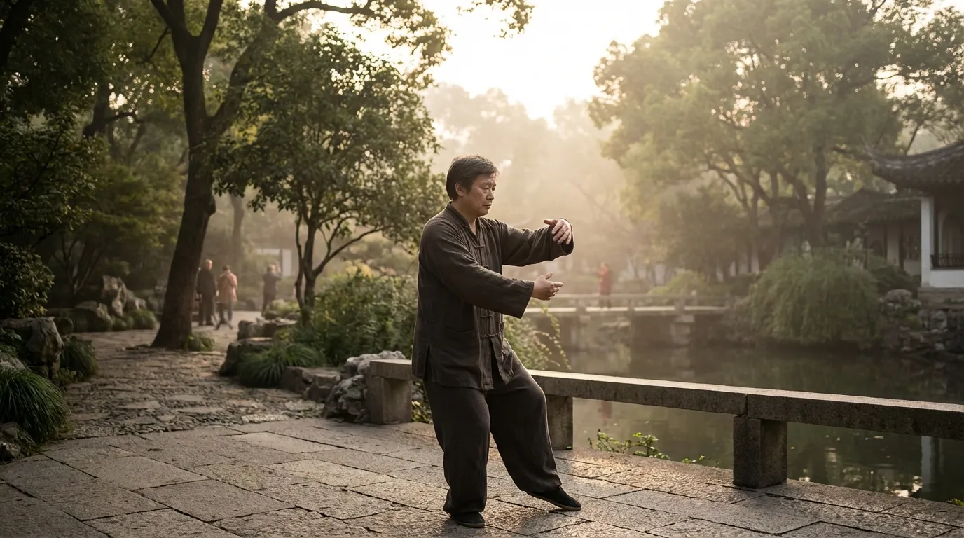 Ruhige Tai-Chi-Standhaltung im Park