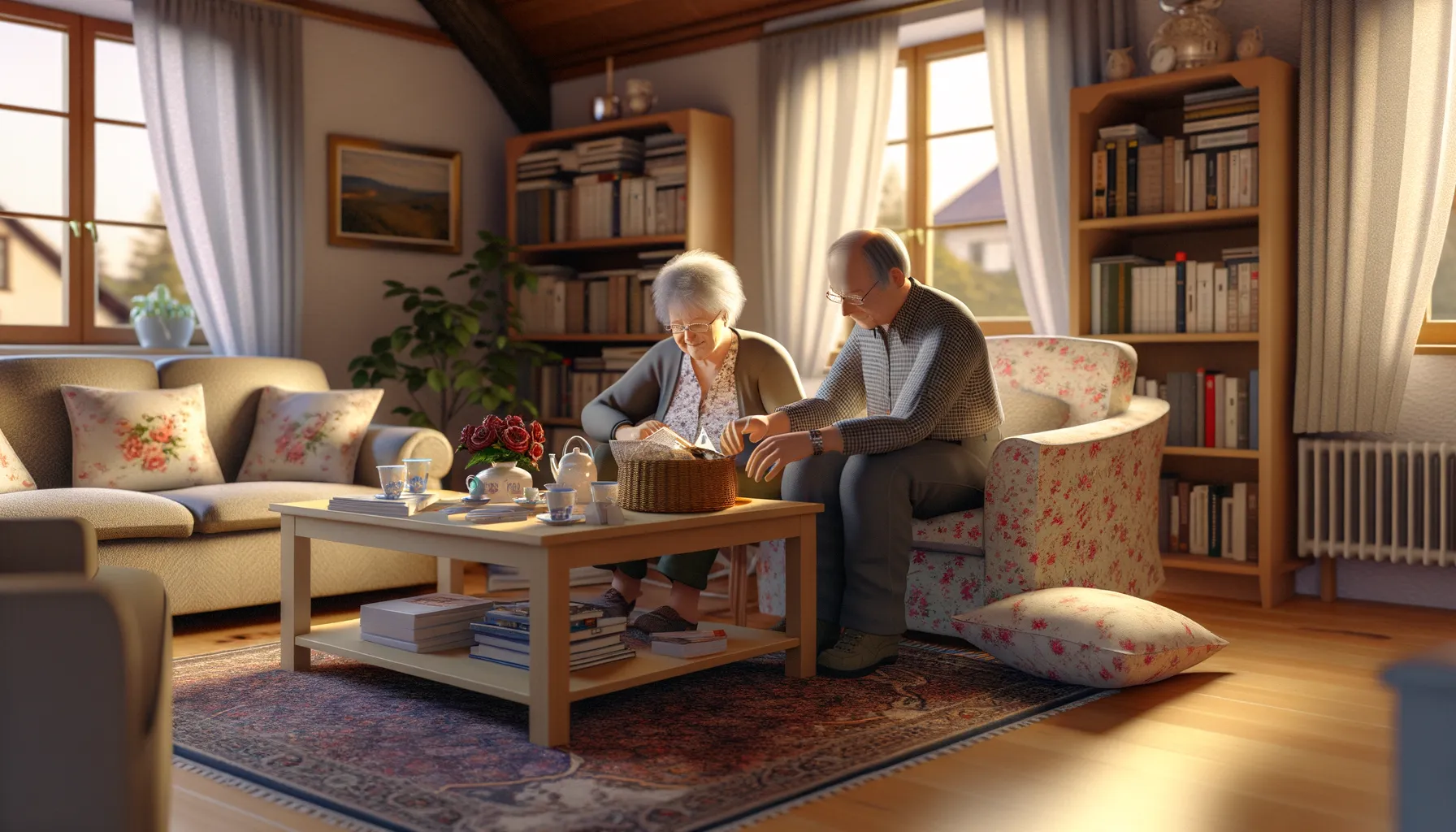 Ruhiges Wohnzimmer eines älteren Ehepaars beim Sortieren