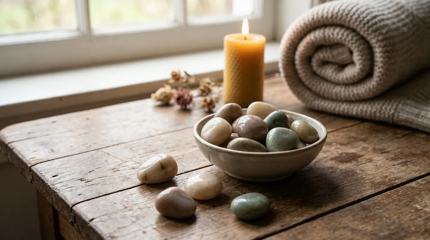 Heilsteine für emotionale Stabilität – Wirkung & Anwendung 1 Sanfte Heilsteine in ruhiger Atmosphäre