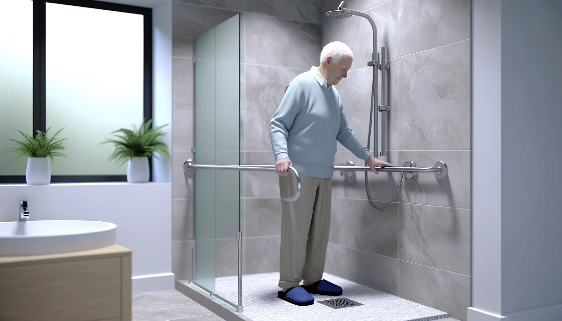 Senior beim sicheren Einstieg in die Dusche