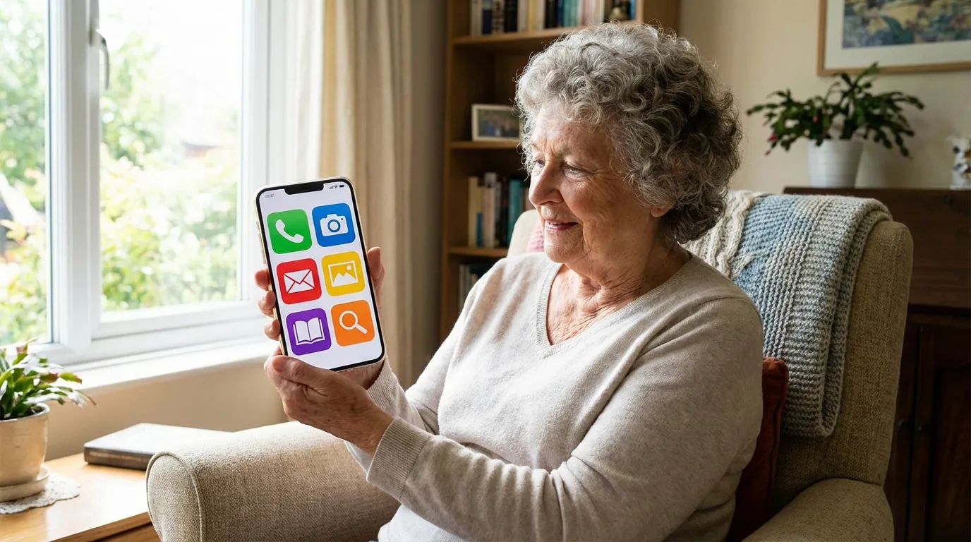 Senior mit Smartphone und großer Schrift