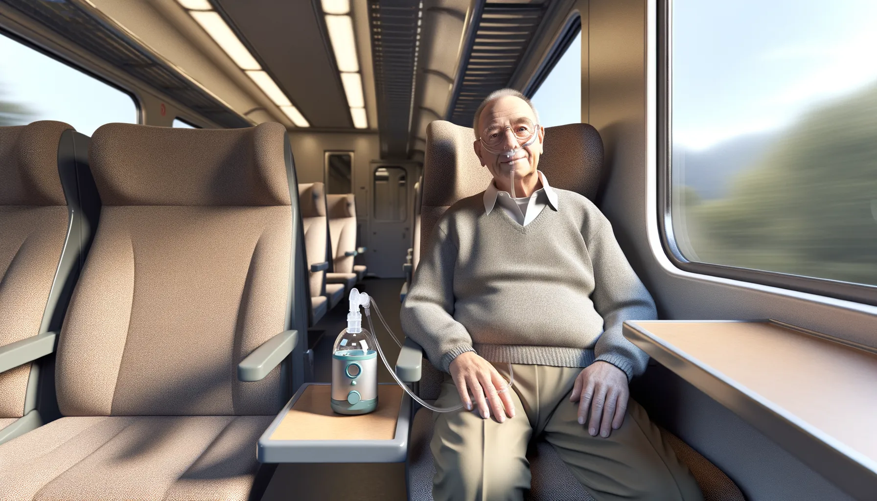 Senior mit tragbarem Sauerstoffgerät auf Reisen