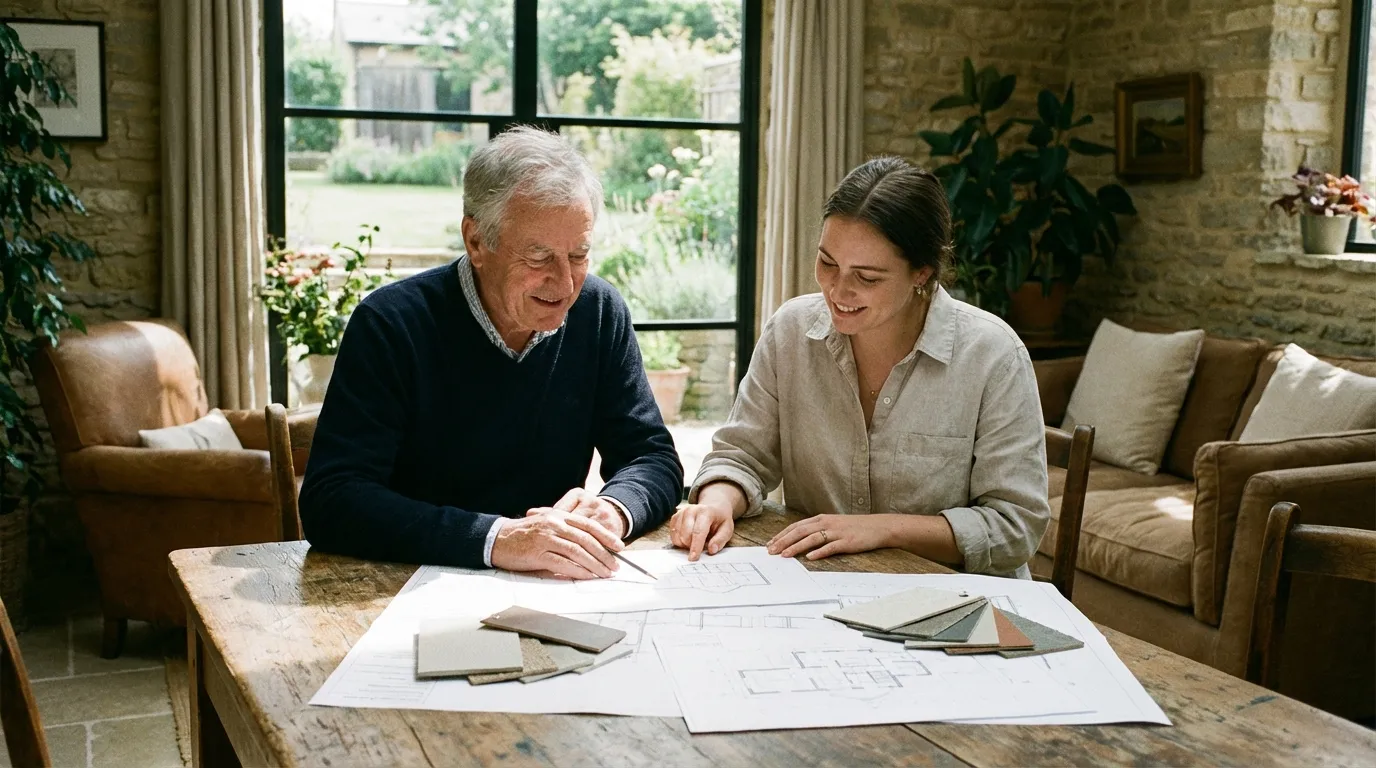 Senior und Berater planen Wohnungsumbau