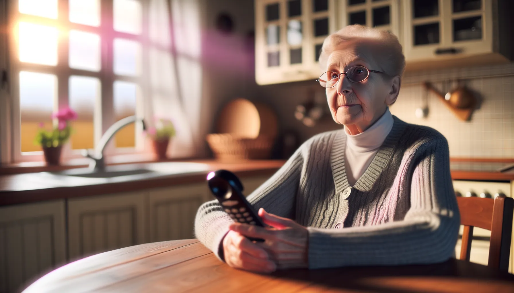 Seniorin am Telefon mit nachdenklichem Blick