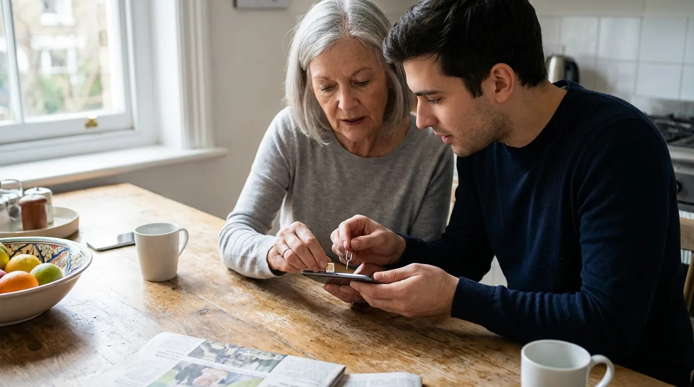 SIM‑Karte wird in ein Smartphone eingelegt