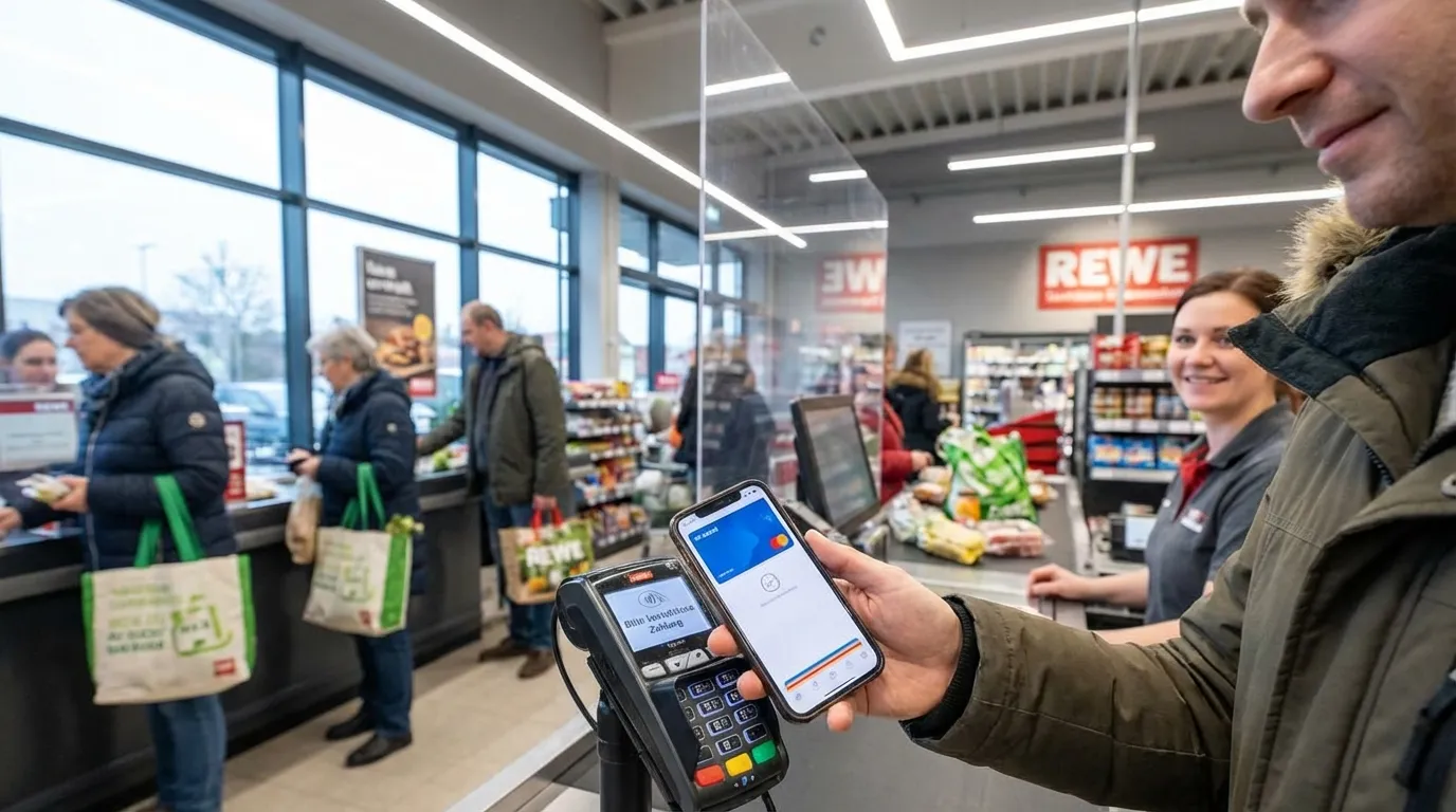 Smartphone mit Bezahl-App an der Supermarktkasse