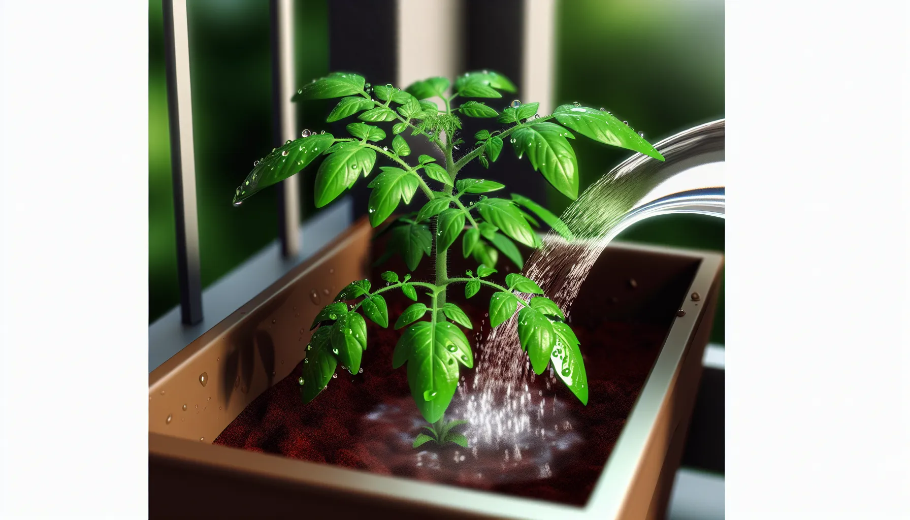 Tomatenpflanze im Topf mit Gießkanne