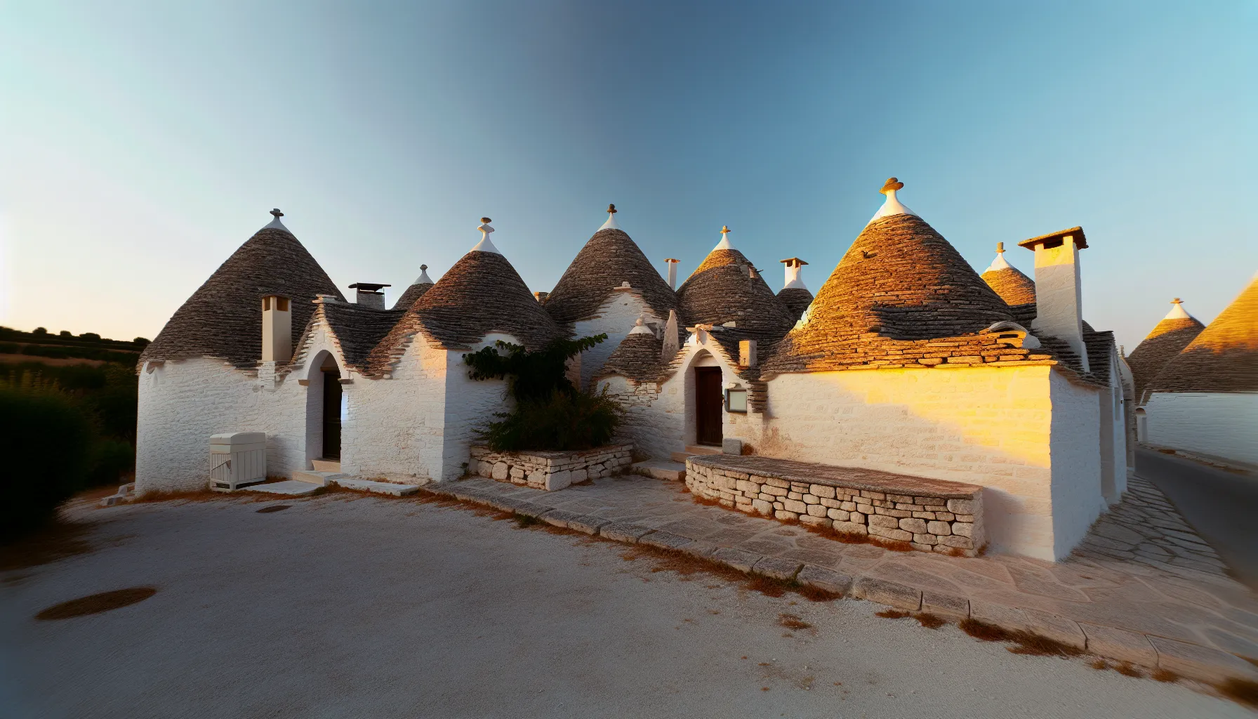 Trulli-Häuser in Alberobello bei warmem Abendlicht