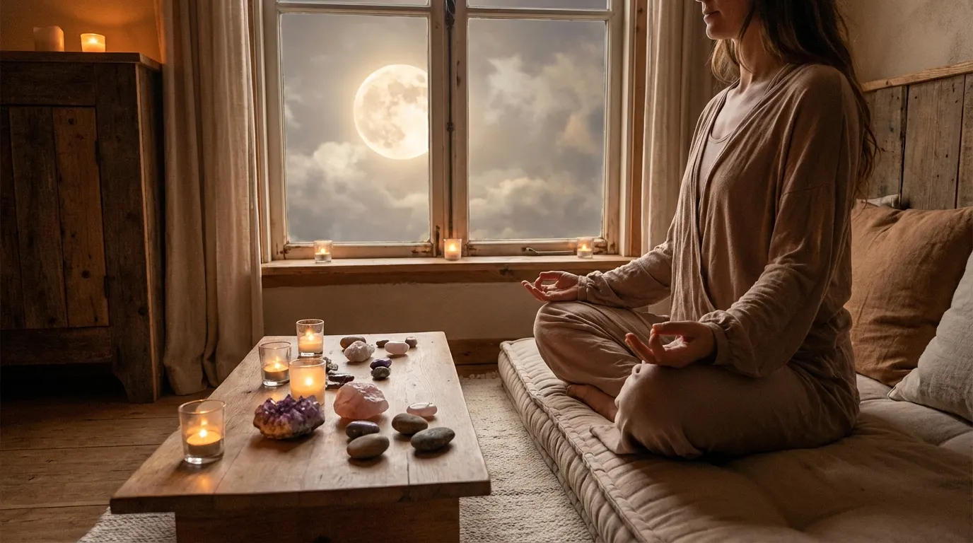 Vollmond Ritual mit Kerze und Heilsteinen