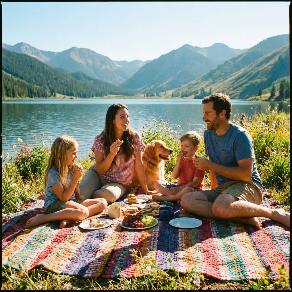 Familie genießt Picknick am See