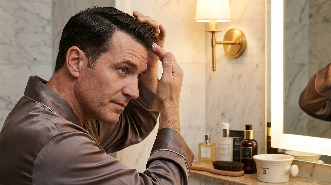 Mann beim Auftragen von Pomade mit Fokus auf Kopfhaut