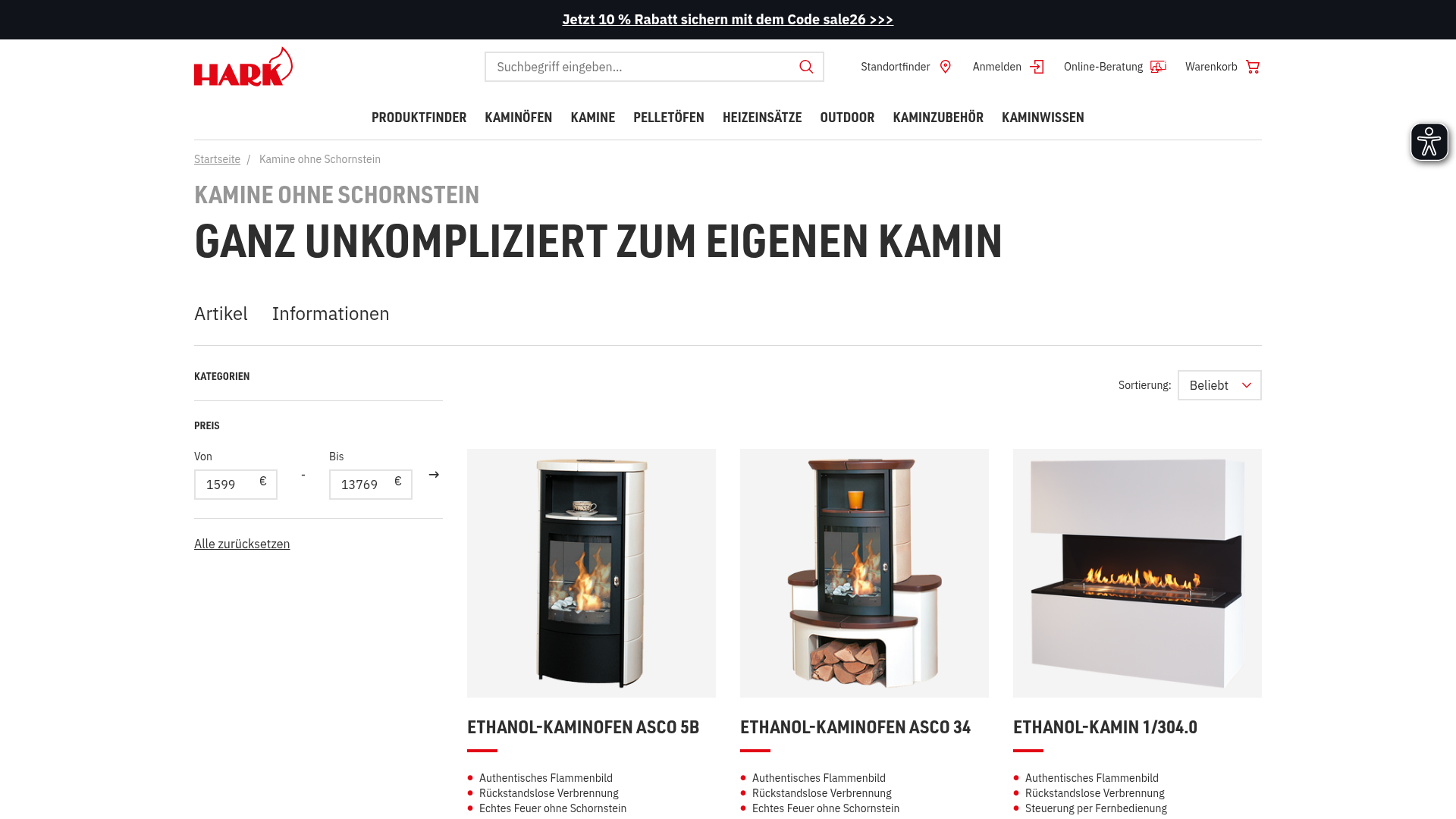 2. HARK, Bekannte Marke mit klaren schornsteinlosen Optionen Homepage