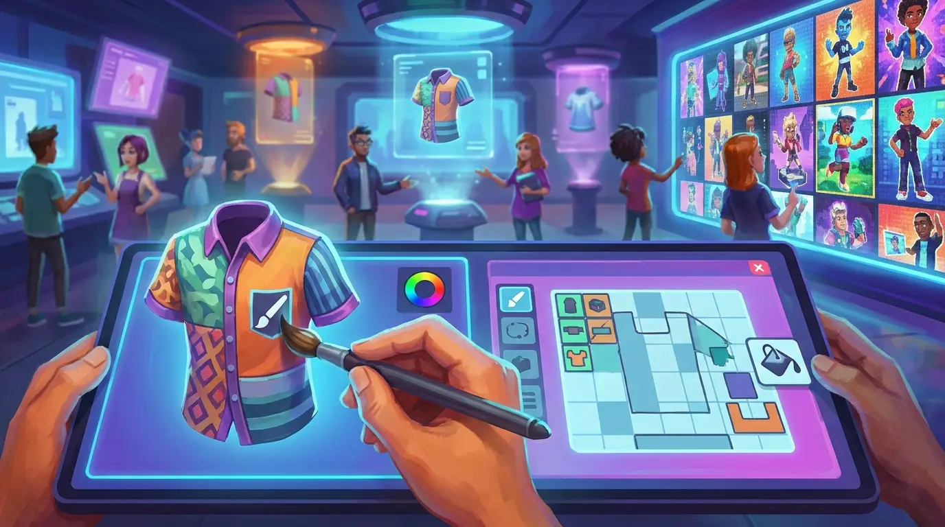 Digital artwork of a creator comparing Roblox clothing design tools on a bright interface, with layered shirt panels, color swatches, and game asset icons, modern painting techniques, vibrant colors, no text
