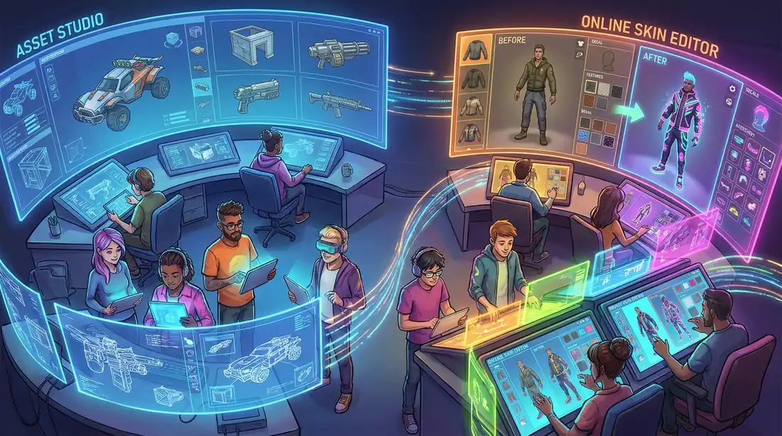 Game team comparing asset studio and online skin editor workflows on multiple screens, vibrant digital artwork with modern painting techniques, colorful UI elements, no text