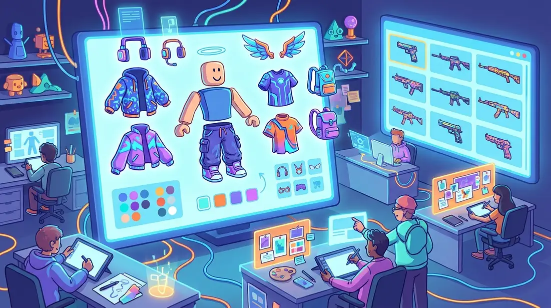 Roblox avatar outfit planning board with layered clothing, color swatches, accessory slots, and body template variations