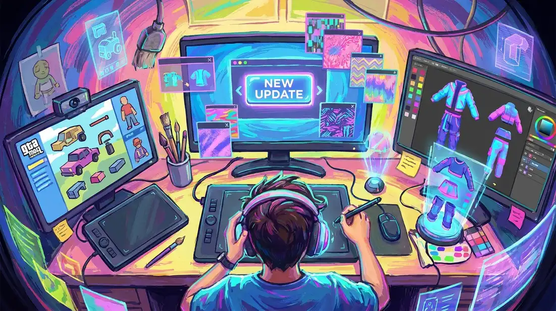 Roblox creator planning digital clothing designs on a colorful avatar workspace
