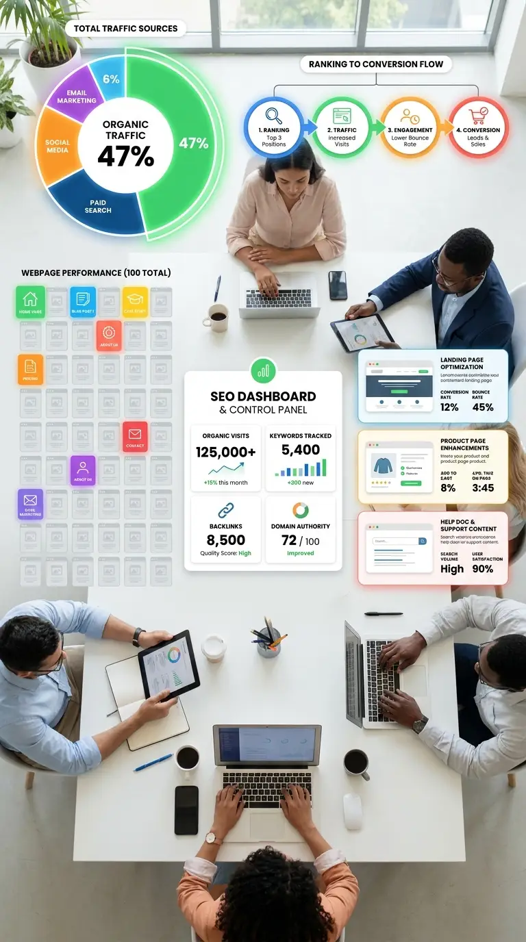 SEO dashboard metrics and audit workflow infographic