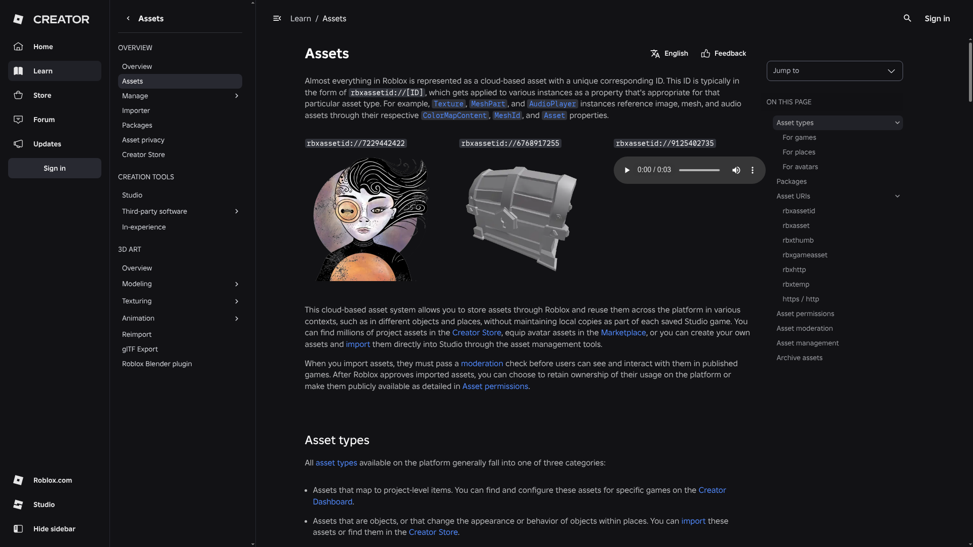 4. Roblox Creator Hub / Studio Asset System Homepage