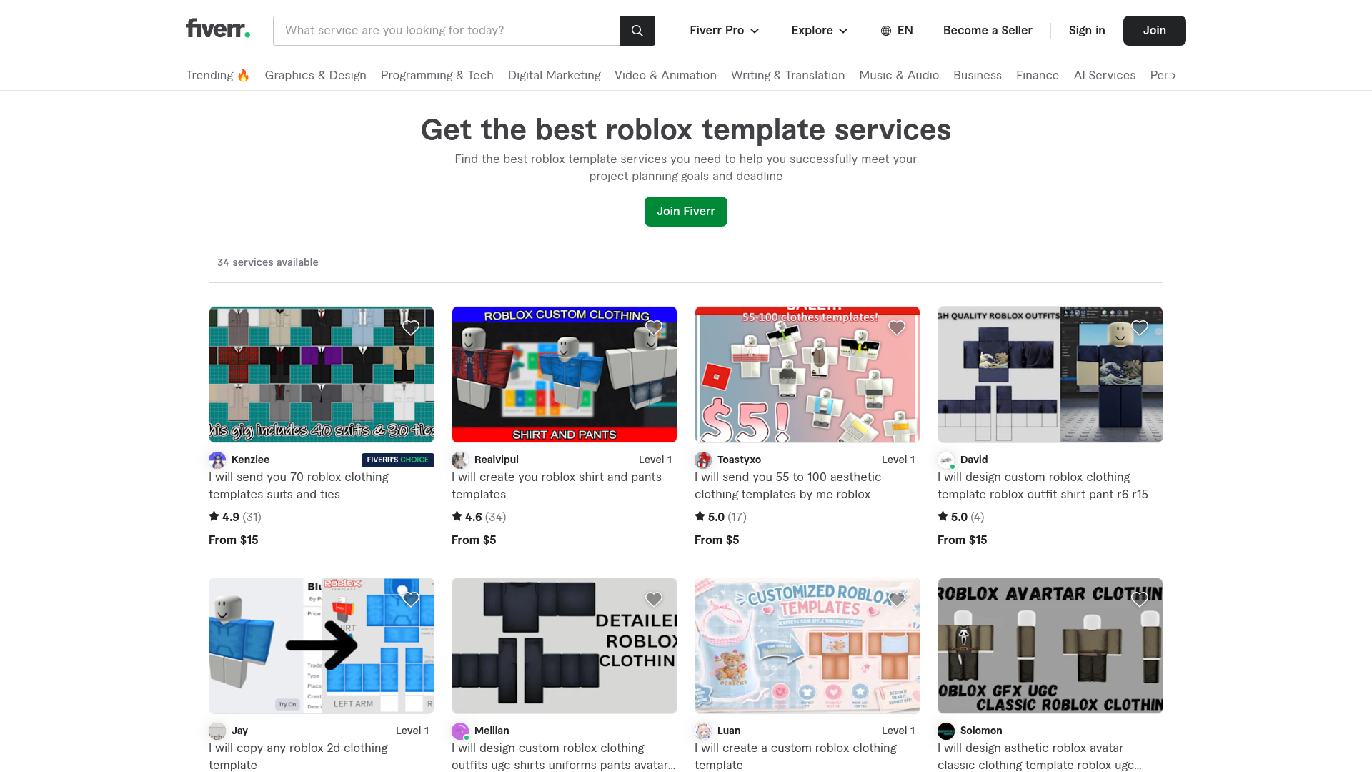 4. Fiverr Roblox Clothing Designers Homepage