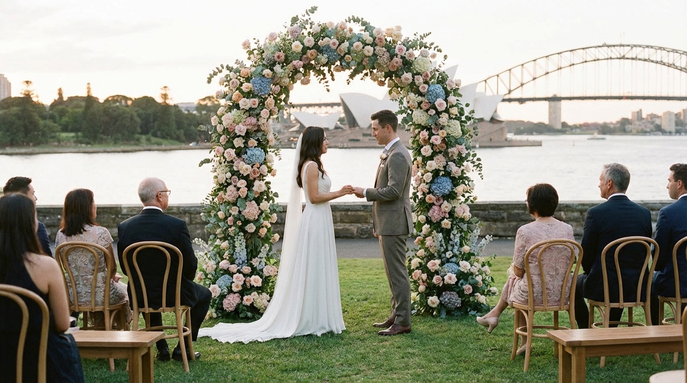 A romantic outdoor wedding ceremony in Sydney, set in a botanical garden with a view of the harbour, featuring a couple exchanging vows under a floral arch, soft natural lighting, pastel flowers, and elegant seating. The style is modern and intimate, capturing warmth and joy without any text or signage.