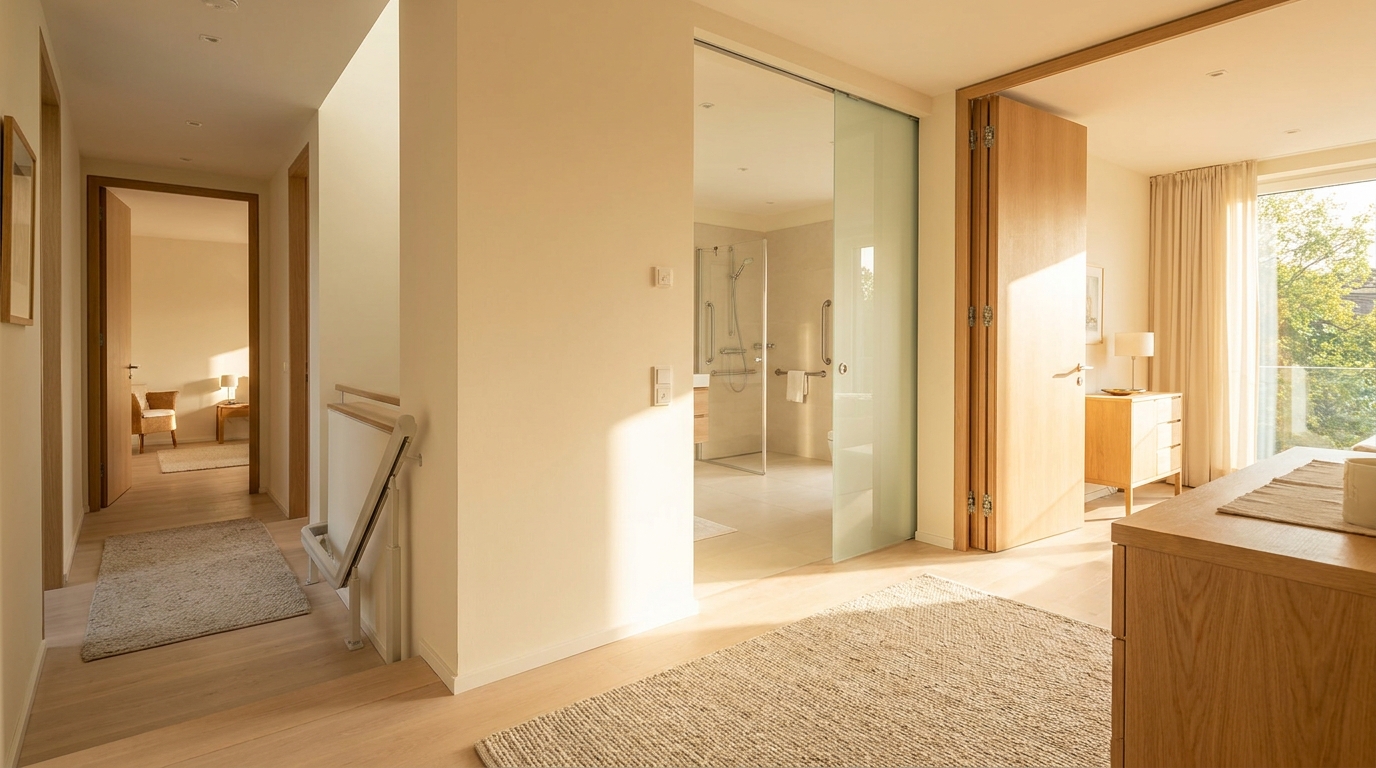 Helles, modernes Wohnhaus‑Interieur in Nordrhein‑Westfalen mit barrierefreiem Flur, breiten Türen und bodengleichem Bad, ein einzelner Treppenlift ist dezent sichtbar. Warme Farben, natürliches Tageslicht, ruhige und vertrauensvolle Atmosphäre, realistische Fotografie, keine Texte oder Symbole im Bild.