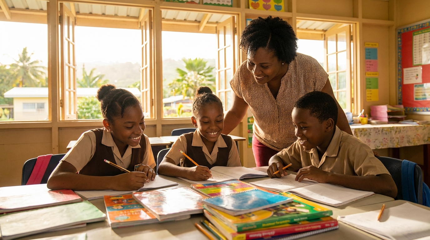 A bright, inspiring classroom scene in Trinidad and Tobago showing 3 students around age 11 studying for the S.E.A. exam with colorful textbooks and pencils. A teacher smiles nearby, sunlight filtering through windows, symbolizing preparation and confidence. Warm natural lighting, realistic style, no text or writing visible.