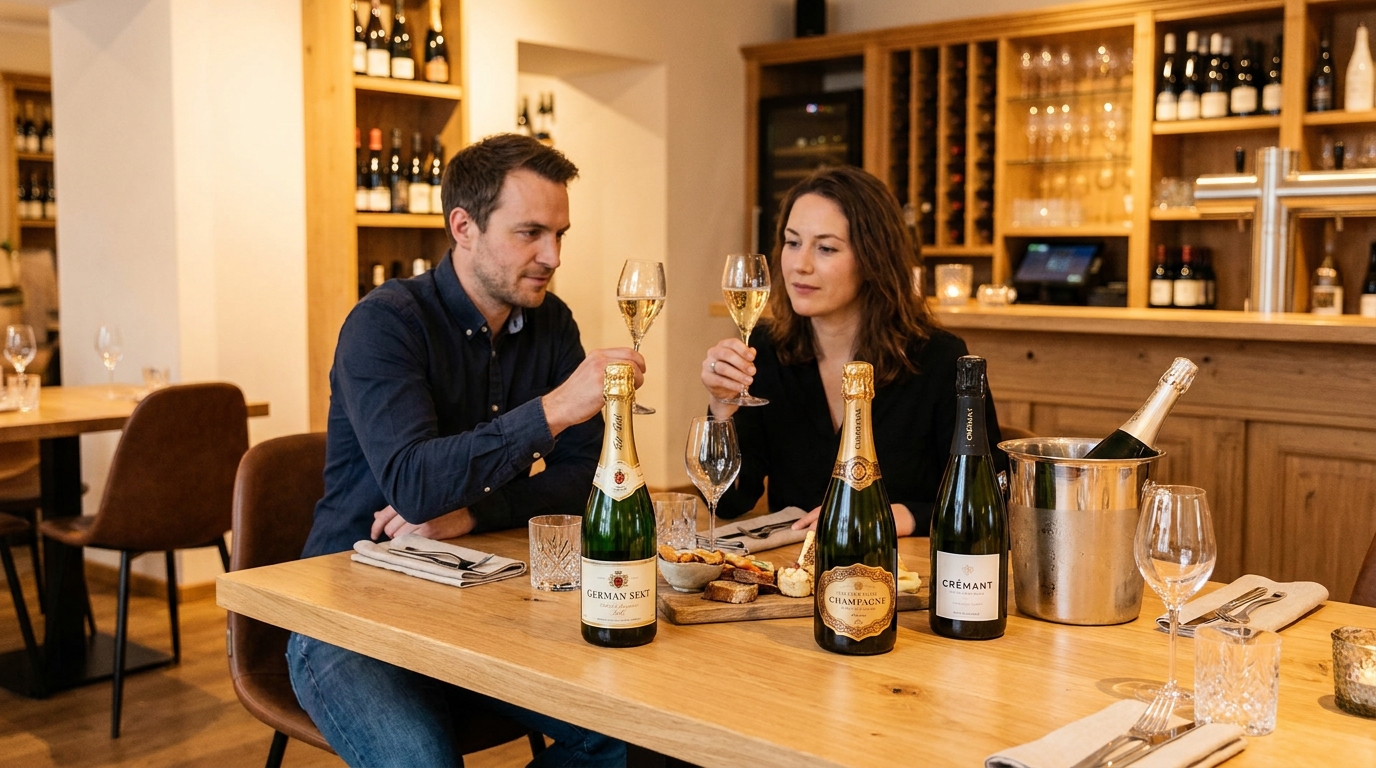 Elegante Szene mit einer festlich gedeckten Tafel, auf der drei unterschiedliche Schaumweinflaschen stehen: deutscher Sekt, französischer Champagner und hochwertiger Crémant. Zwei Personen verkosten die Schaumweine in stilvollen Gläsern, feine Perlage sichtbar, warme goldene Lichtstimmung, edle europäische Weinatmosphäre, hochwertige Details wie Eis-Kühler, helle Holzoberfläche und dezente Weinbar im Hintergrund. Realistischer Premium-Fotostil, ausgewogene Komposition, luxuriöse aber natürliche Farbpalette in Gold, Creme und sanften Rosétönen, keinerlei Schrift oder sichtbare Logos im Bild.