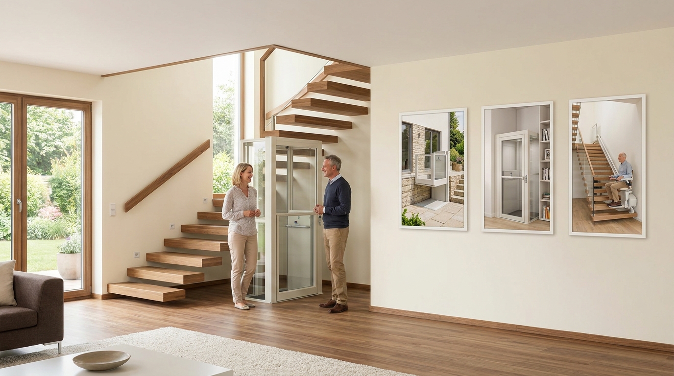 Helles, realistisches Innenraumfoto eines deutschen Einfamilienhauses mit moderner Treppe, auf der ein Sitzlift, ein Plattformlift und ein Hublift in getrennten Szenen dargestellt sind. Warme Farben, freundliche Lichtstimmung, barrierefreies Wohnen im Fokus, genau 2 Personen im Bild, keine Texte oder Schriftzeichen sichtbar.